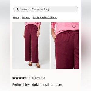 J. Crew Factory Women's Vintage Burgundy Shiny Crinkled Pull On Pants - S Petite